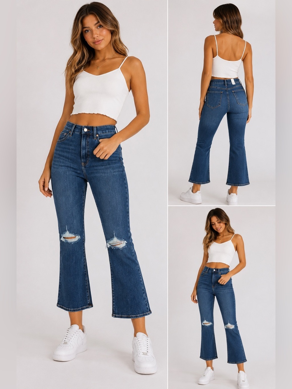 Express High Rise Cropped Flare Distressed Jeans Medium Wash Size M Reg(6/8/10)